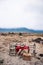 Safari outdoor picnic with African Tanzanian cuisine with baked Chapati nan flatbread on red table