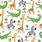 Safari seamless pattern- funny zebra, giraffe, and crocodile hand drawn vector illustartion.