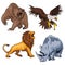 Safari terrifying feline lion with tail and roaring grizzly horribilis bear raising claw, zoo ferocious and dangerous