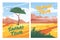 Safari tour posters template with African landscape. Cartoon vector flyer with. Blue sky, desert and tree