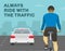 Safe bicycle riding rules and tips. Close-up back view of a cyclist on a city road. Always ride with the traffic.