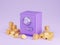 Safe box with money 3d render - illustration of closed purple strongbox surrounded by pile of gold coins and ingots.