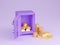 Safe box with money 3d render - open purple strongbox filled and surrounded by pile of gold coins and ingots.