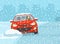 Safe car driving at winter season. Front view of a sedan skidding across the icy road. Red car loses control and gets stuck.