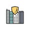 Safe city, town with shield, secure flat color line icon.
