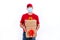 Safe contactless remote delivery of holiday gifts during the coronavirus pandemic. A courier in a red uniform and