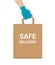 Safe delivery concept. Courier`s hand in glove holds bag with ordered products.