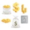 Safe, dollar sign, gold coin and moneybag. 3d vector icon set