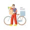 Safe food delivery. A young courier wears a mask on a bicycle while delivering food. Vector flat illustration