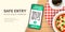 Safe restaurant entry banner. Covid-19 Digital health passport QR code on smartphone screen vector concept. Electronic