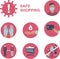 Safe shopping in public place during coronavirus COVID-19 disease outbreak. Flat vector icon set