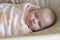 Safe Sleep Environment for Baby in Cotton Swaddle. Adorable Newborn Baby Sleeping Swaddled in Bed. New Born Taking a Nap