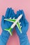 Safe travels concept. Plane in hands in medical gloves. Safety flight and travel during quarantine and lockdown.