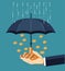 Safeguarding Your Finances: Hand with Umbrella Shielding Money in Flat Vector Art