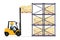 Safely driving a forklift. Fork lift truck lifting pallet with boxes to an industrial warehouse rack. Forklift driving safety.