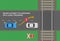 Safety car driving rules. Never attempt to overtake on a level crossing. Level crossing without barriers. Top view of city road.