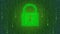 Safety concept. Binary code, floating digits and closed padlock on digital background. Concept of cyber security. Green