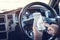 Safety concept,Hands using smartphone setting the navigation before driving car