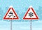 Safety driving rules and tips. Winter snow and icy road traffic signs.