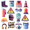 Safety equipment. Personal protection for construction works. Helmet, glove and glasses. Safety job vector icons