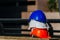 Safety First. white, orange and blue safety helmet stacked in construction site building, safety equipment, business, industry and