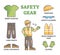 Safety gear collection as worker equipment in construction site outline set