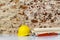 safety helmet and drawings project on brick wall background