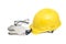 Safety helmet, glasses, and gloves on white with clipping path
