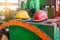 Safety helmets of engineers for safety at an industrial site. Green, yellow helmet of the employee of the enterprise