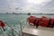 Safety life jacket on ferry boat sailing in sea.