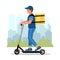Safety motorized scooter delivery and service concept. Courier with a box on the city background. Delivery man character riding e