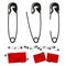 Safety pins set. Red paper secured by pins. Vector