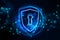 Safety protection, cyber data security and information privacy concept with keyhole in virtual shield symbol surrounded by glowing