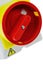 Safety round main electric power switch in on position with yellow outline and symbol of triangular symbol of high voltage