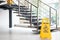 Safety sign with phrase Caution wet floor stairs