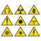 Safety signs set yellow triangle shape, communicate hazards, precautions information symbols