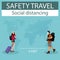 Safety travel concept. Tourist man and women wearing medical face mask with luggage and social distancing. travel during coronavir