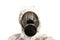 Safety virus infection concept. man in chemical protective clothing and half mask replaceable particulate filter respirator with