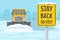 Safety winter driving rule. Snow plow truck is clearing snow away on winter highway. Stay back at least 50 feet.