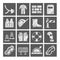 Safety at work, labor protection, icons, white, gray, pencil hatching, vector.