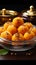 Saffron spheres Indian motichoor laddoo, a sweet embodiment of rich flavors