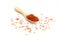 saffron spice wooden spoon on white background