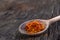 Saffron in a spoon on a dark wooden background, focus, macro shot, Blossom, cooking.