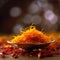 Saffron threads in a copper bowl on a wooden table