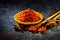 Saffron. Various Indian Spices on black stone table. Spice and herbs on slate background