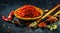 Saffron. Various Indian Spices on black stone table. Spice and herbs on slate background