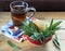 Sage herbal tea or decoction in two glass cups with herb leaves