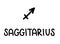 Saggitarius. Handwritten name and icon of sign of zodiac. Modern marker. Black vector text on white background.