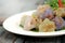 Sago pork ball Thailand traditional dessert and appetizer cuisine served with chilly and lettuce