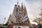 Sagrada Familia, Passion facade, at sunrise, Barcelona, Spain, February 2020